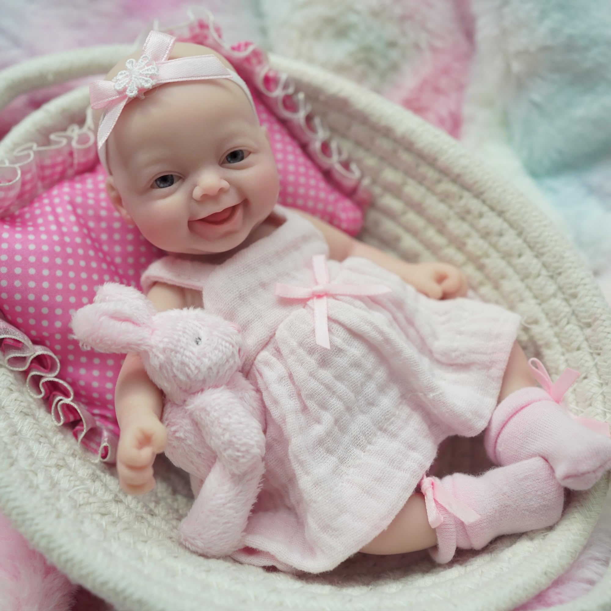 Reborn Baby Doll Silicone Realistic - 7인치 미니어처 실리콘 풀바디 리본 인형,
