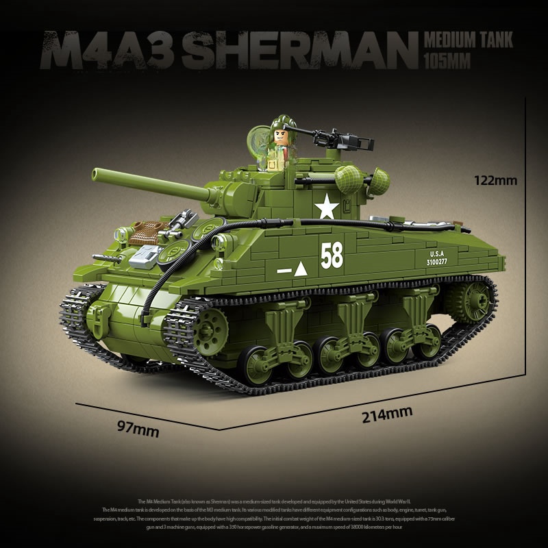 새로운 세계 대전 II 군사 무기 M4A3 셔먼 중간  - Lego Compatible Military Tank 리뷰 및 가격